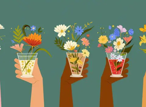 Vector illustration of hands in varying skin tones holding glasses filled with springtime flowers against a flat blue backdrop