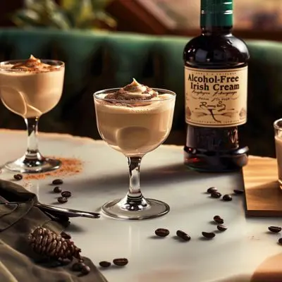 Three creamy coffee St. Patrick's Day mocktails next to a bottle of alcohol-free Irish Cream