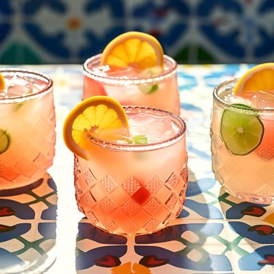 Close up of four Paloma cocktails in colourful glasses set on a tabletop covered in traditional Mexican tiles in hues of blue and other bright shades