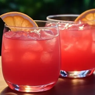 Two Italian Paloma cocktails on a table outside on a sunny day