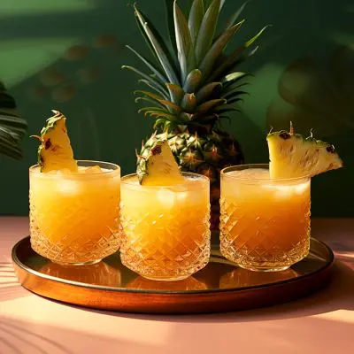 Three Pineapple Paloma variation cocktails on a golden tray with a pineapple in the background