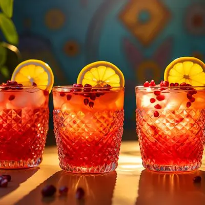 Three Pomegranate Rose Paloma variation cocktails served in a Mexican setting