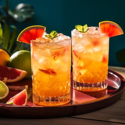 Two Rum Paloma variations served with brightly coloured citrus on a tray