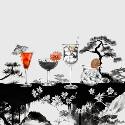 Black and white line drawing of various Asian cocktails against a backdrop that depicts a Japanese landscape, with splashes of red throughout the image