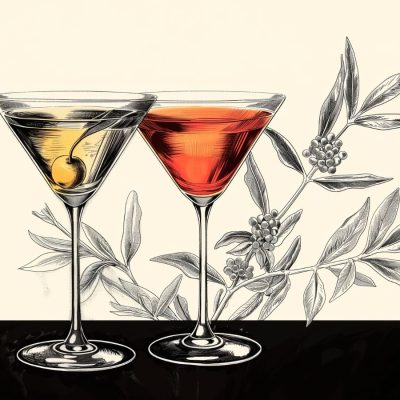 Classic colour illustration of two vermouth cocktails, one Martini and one Manhattan, on a black and white background showing botanical illustrations of wormwood, a key ingredient in vermouth