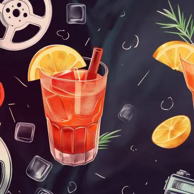 Colour illustration of various cocktails on a black and white background showing film reels and other movie memorabilia