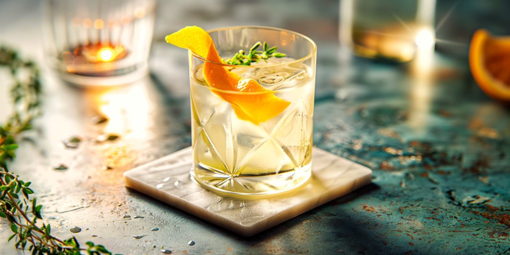 A White Negroni made with Lillet Blanc with an orange twist and thyme garnish