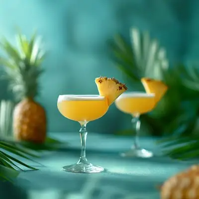 Two pineapple gin cocktails in a studio setting against a blue backdrop with whole fresh pineapples and pineapple leaves in the backdrop