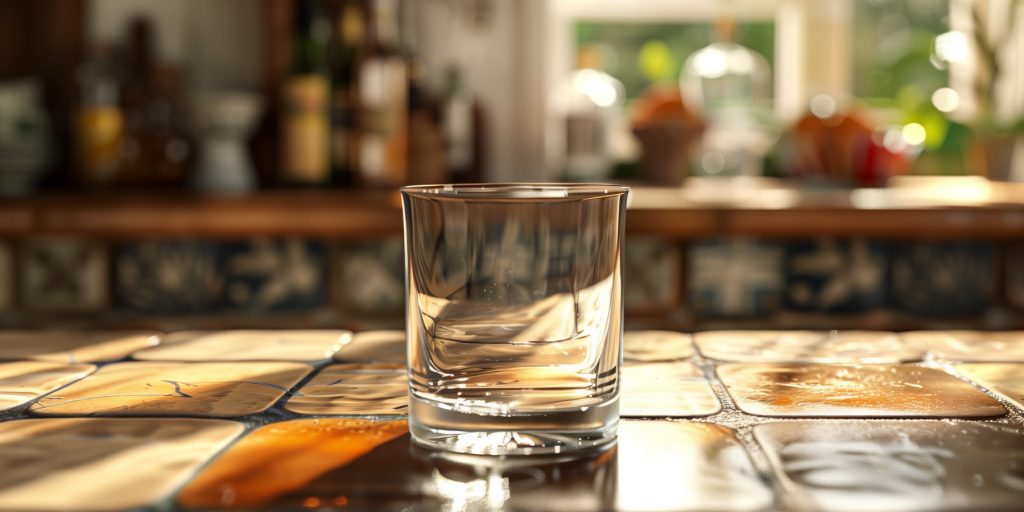 An empty rocks glass on a kitchen counter