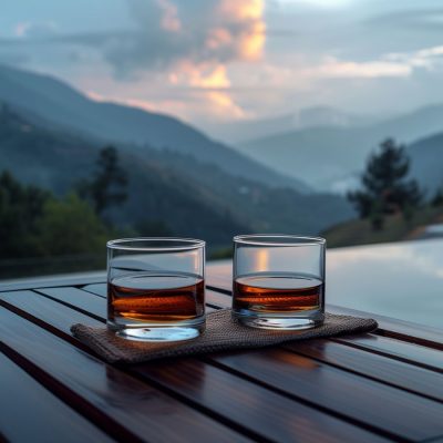 Close up of two tumblers of neat whiskey on a table outside on a luxury home veranda overlooking a dramatic wintertime landscape beyond