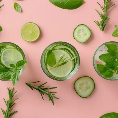 Top view of three cocktails with herbs on a pink surface, surrounded by sprigs of fresh herbs in shades of green