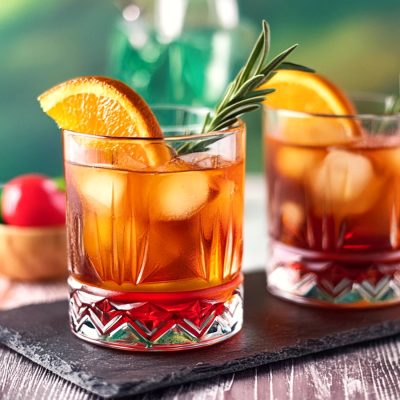 Two Añejo Old Fashioned cocktails with orange and rosemary garnish