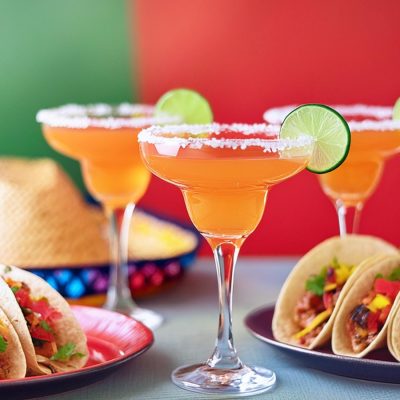 Three Spicy Margarita cocktails served with pulled pork tacos for Cinco de Mayo