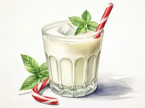 Colour illustration of a Peppermint White Russian with fresh mint and candy cane garnish