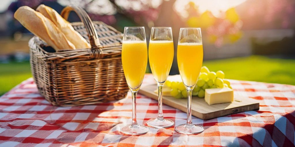 Three Faux Mimosa cocktails on a picnic table with a red and white tablecloth and a wicker basket with baguettes