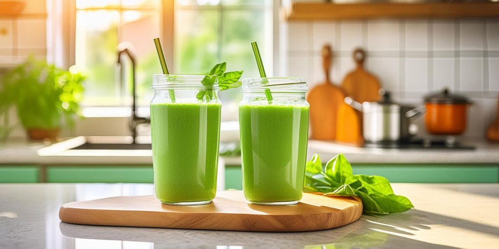 Two Green Goddess Smoothies on a countertop in a light bright modern home kitchen