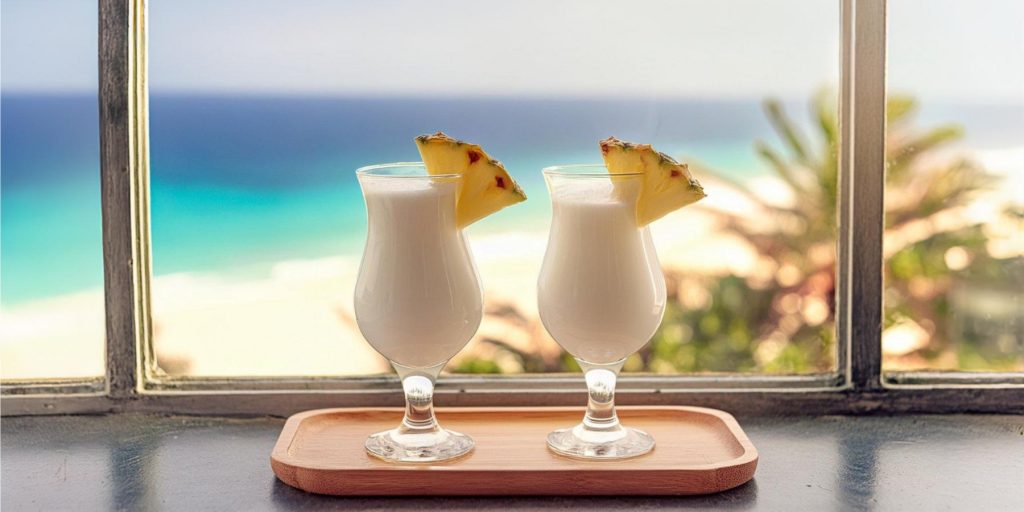 Two Virgin Pina Colada cocktails on a window sill overlooking a summery beach scene on a summer day