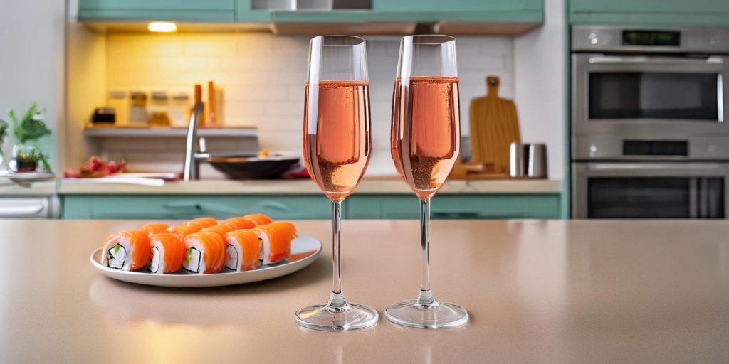 Two Aperol French 75 cocktials in Champagne flutes next to a plate of sushi on a counter in a sunny, modern kitchen