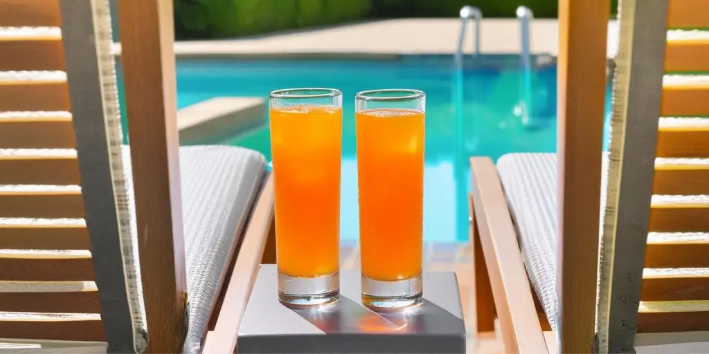 Two Aperol Gin Fizz cocktails on a side table between two deckchairs next to a pool on a sunny day