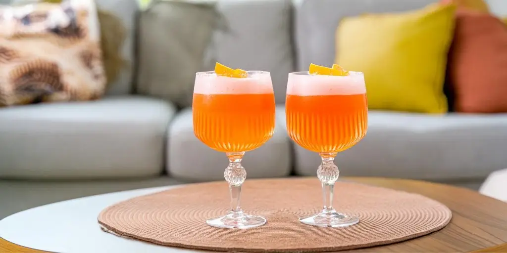 Two Aperol Gin Sour cocktails on a table in a modern lounge on a sunny day