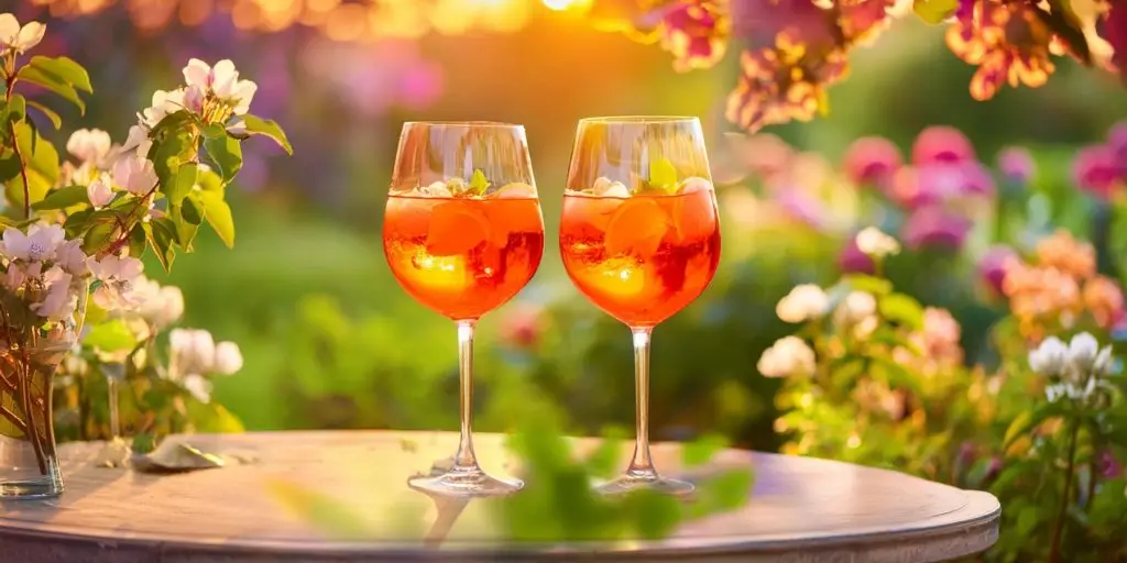 Two Aperol Gin Spritz cocktails on a table in a summery garden on a sunny day
