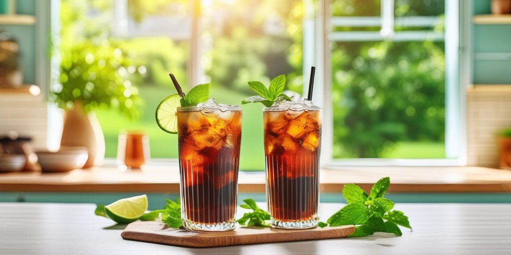 Two Cuba Libre cocktails on a table in a modern home kitchen with a window overlooking a lush summer garden 