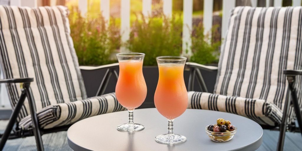 Two Hurricane cocktails on a table between two striped deck chairs outside on a sunny day