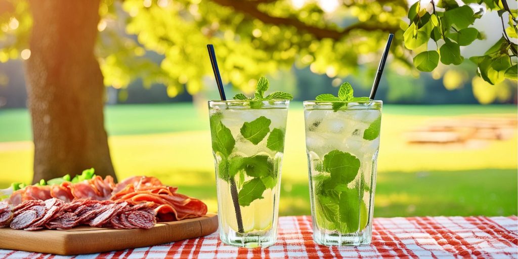 Two Mojito cocktails on a picnic table next to a charcuterie platter under a tree on a sunny day