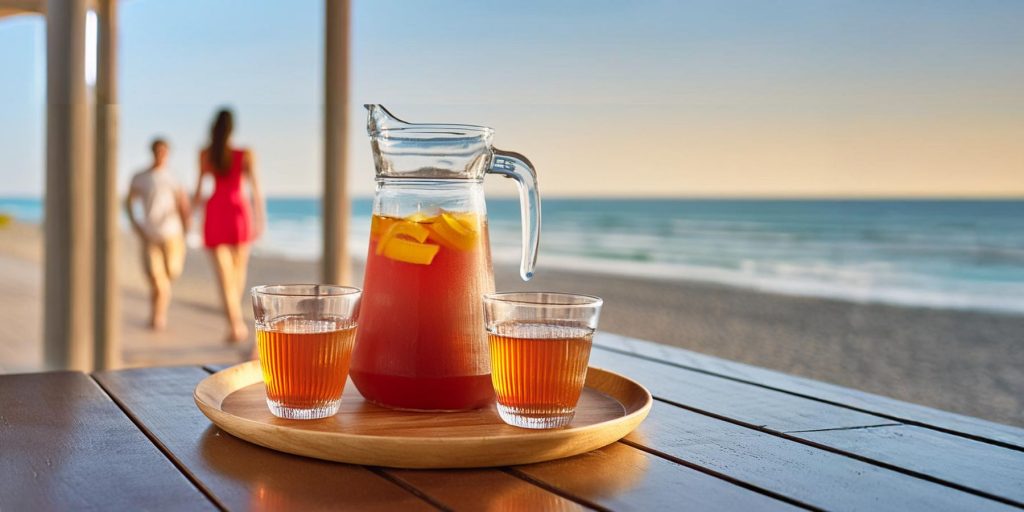 A jug of Rum Punch and two glasses on a serving platter on a table outside overlooking a beach scene in the late afternoon on a sunny day