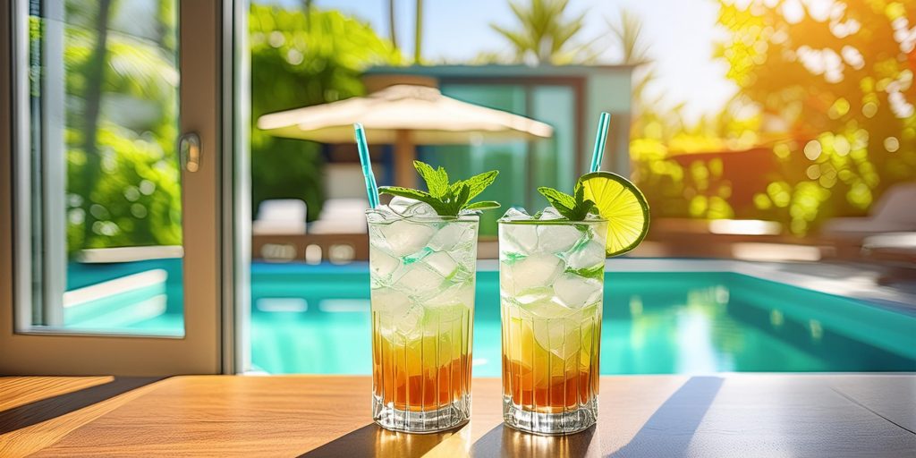 Two Spiced & Soda cocktails on a countertop overlooking a pool on a sunny day
