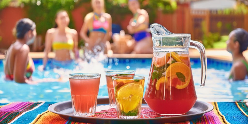 A pitcher of Life Jacket Mocktail and glasses on a tray next to a pool with a group of friends splashing around