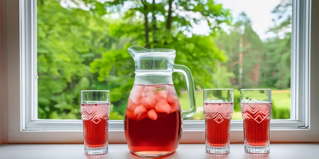Jug of Pomegranate-Demerara Rum Punch and three glasses on a window sill overlooking a summer garden outside