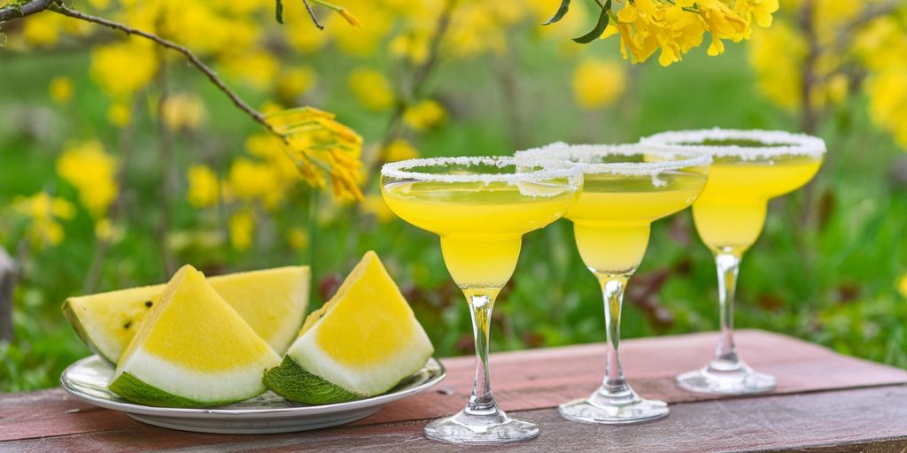 Three Yellow Watermelon Margaritas on a table in a summery garden next to a plate with wedges of yellow watermelon