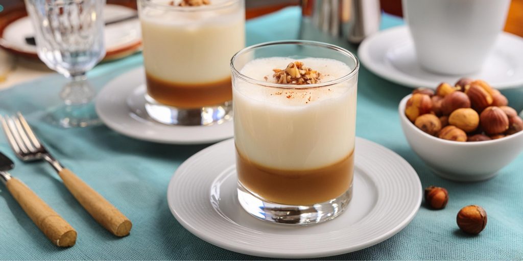 Close up of two Hazelnut White Russian variations served on a lunch table with a bowl of hazelnuts on the side