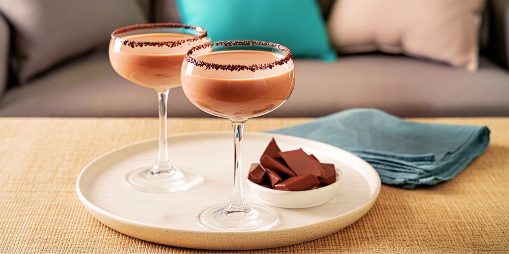 Two Mudslide cocktails with chocolate rims, served in coupe glasses on a coffee table in a lounge 
