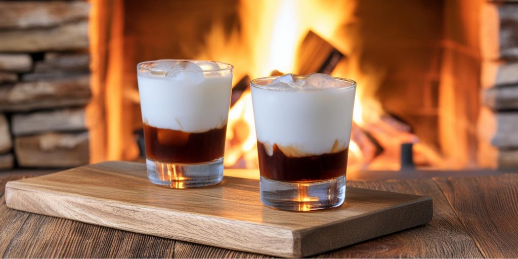 Close up of two Rum White Russian variations served on a wooden board in front of a fireplace