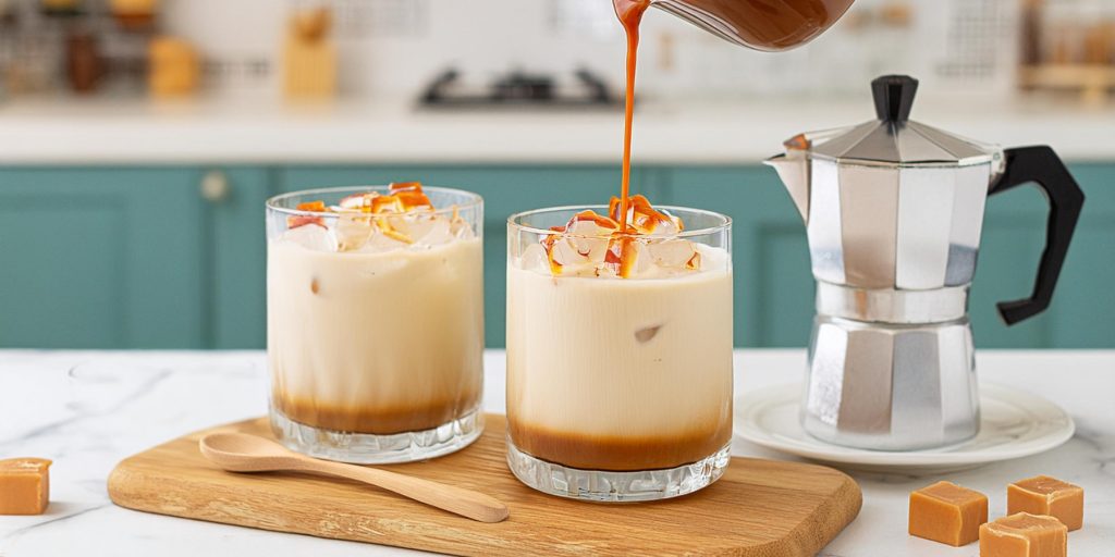 Close up of caramel sauce being poured into one of two Salted Caramel White Russians in a modern kitchen setting