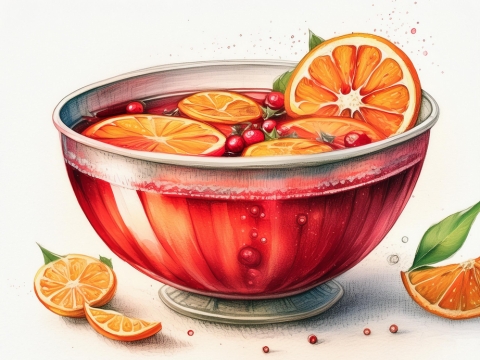 Colour pencil illustration of a bowl of Mock Champagne Punch with sliced orange and cranberry garnish