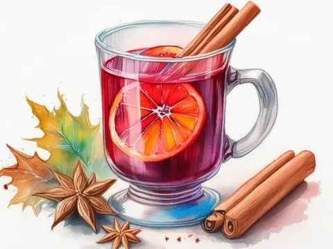 Colour pencil illustration of Non-Alcoholic Mulled Wine in a glass mug with cinnamon, star anise and sliced orange garnish