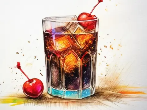Colour pencil illustration of a Roy Rogers drink with a red cherry garnish