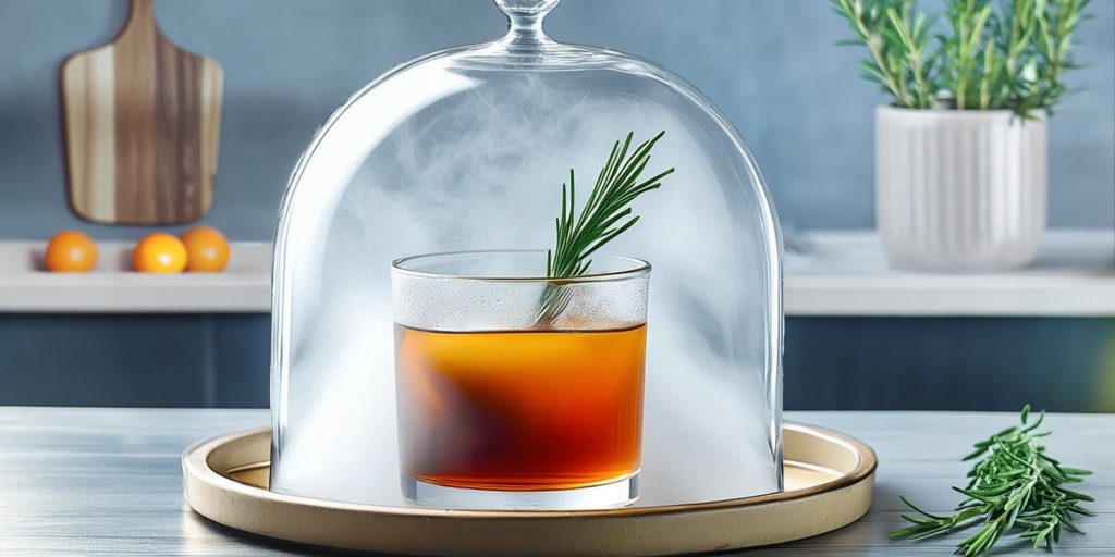 An Old Fashioned smoked bourbon cocktail being infused with smoke inside a glass cloche