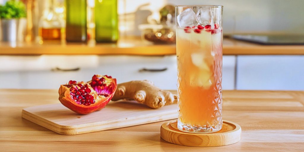 A Sparkling Pomegranate Kombucha summer mocktail with fresh ginger and pomegranate in a modern kitchen setting