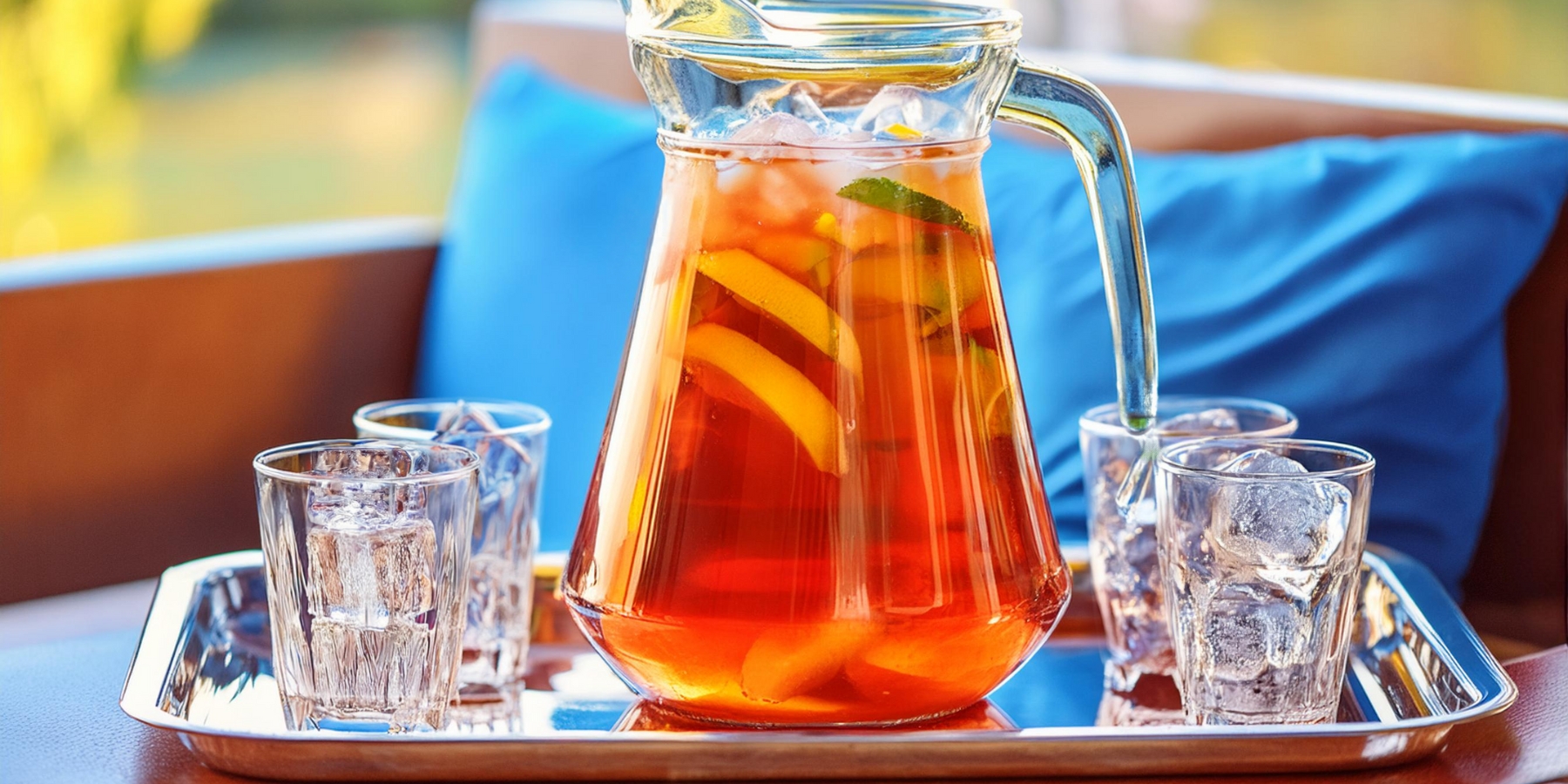 A jug of iced tea served on a tray with glasses of ice in an outdoor setting