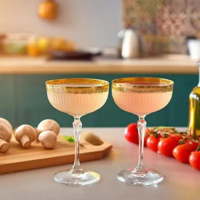 Close up view of two Umami cocktails on a table in a modern kitchen with mushrooms and soy sauce to the side