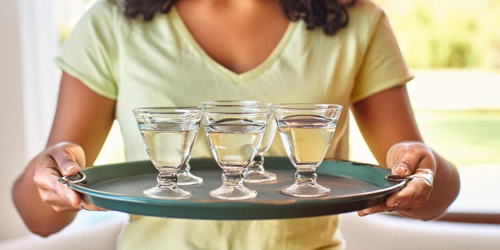 Close up of a woman holding a tray of one-sup martini cocktails