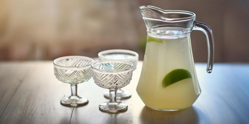A jug of Margarita cocktails next to three small coupe glasses on a table