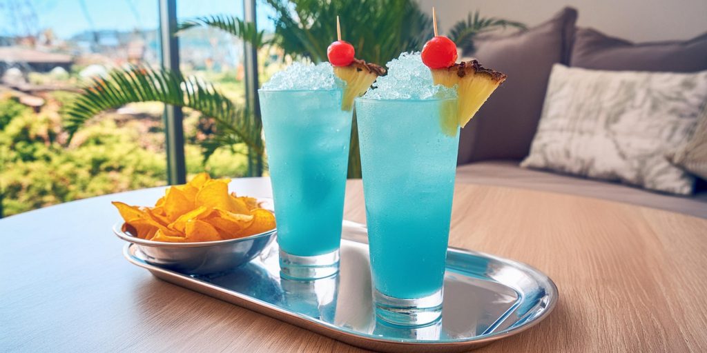 Two Frozen Blue Hawaiian cocktails with pineapple wedge and cherry garnish, served with a bowl of crisps