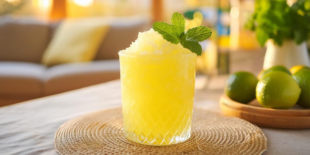 A Frozen Mai Tai cocktail with fresh mint garnish, served on a table in a modern lounge