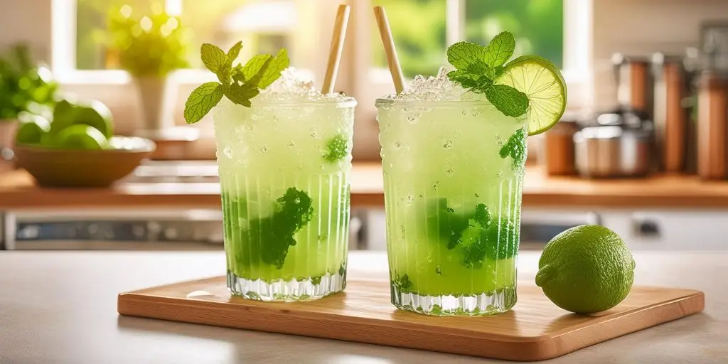 Two Frozen Mojito cocktials on a kitchen counter on a sunny day