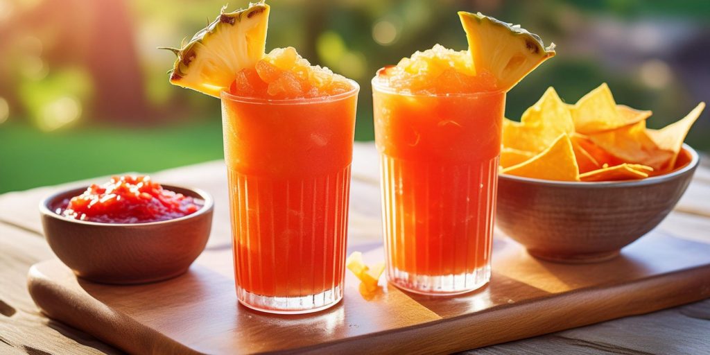 Two Frozen Rum Runner cocktails on a serving platter outside next to a container of salsa and a bowl of chips